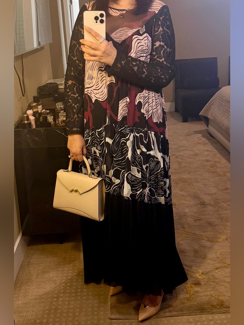 American Apparel Black Maxi Dress with Pink & White Floral Panels